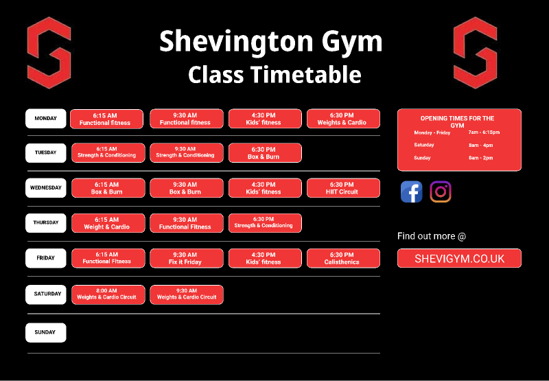 SheviGym Timetable - Wigan, Standish, Appley Bridge